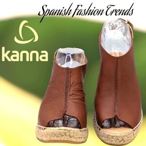 Kanna Peep Toe Spain Slingback Brown Leather Espadrille Wedge Sandals Size‎ 6.5